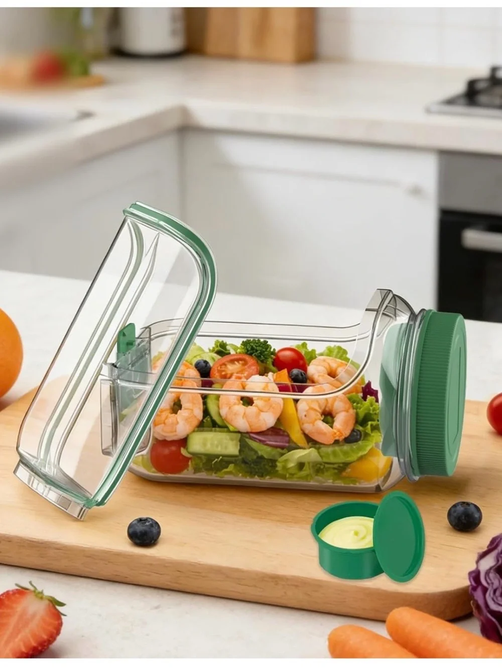 Green Airtight Meal Prep Containers with Dressing Cup - Home Kitchen